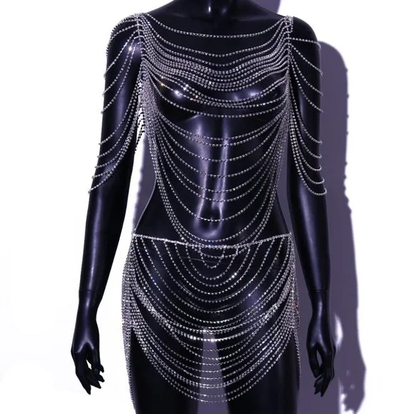 Rhinestone Lingerie Shoulder Chain Dress Bra for Women Set Bikini Jewelry Thong - Picture 7 of 10